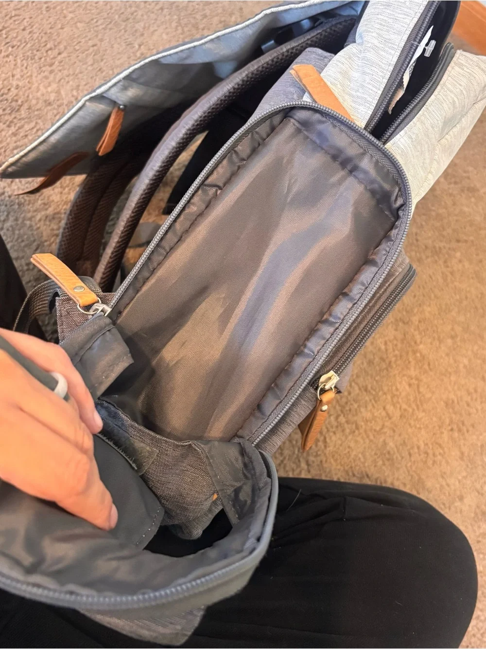 Eddie Bauer Cascade Backpack Diaperbag in gray and white with tan trim